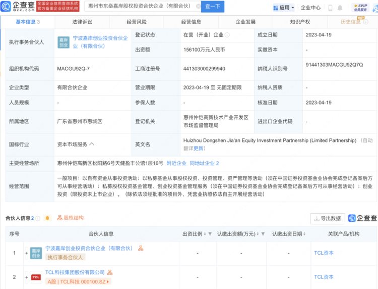 TCL科技于惠州参设私募公司，注册资本15.61亿