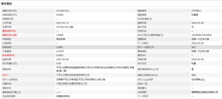 平顶山一AA 平台公司完成发行6亿元私募债，票面利率3.98％