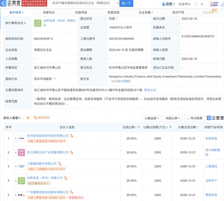 安恒信息、三维通信等1亿元共设产融共联股权投资企业