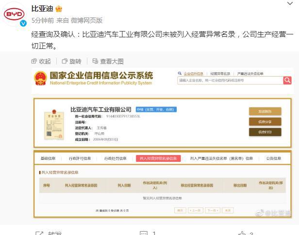 比亚迪：比亚迪汽车工业有限公司未被列入经营异常名录