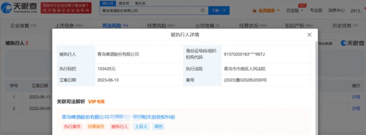 快讯！青岛啤酒被强制执行15万