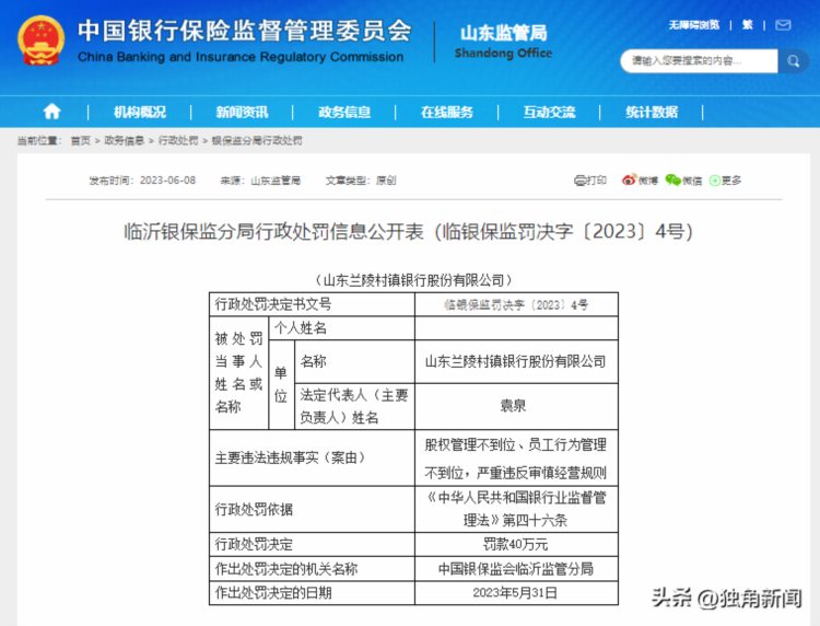 山东兰陵村镇银行股份有限公司因严重违反审慎经营规则被罚款40万元