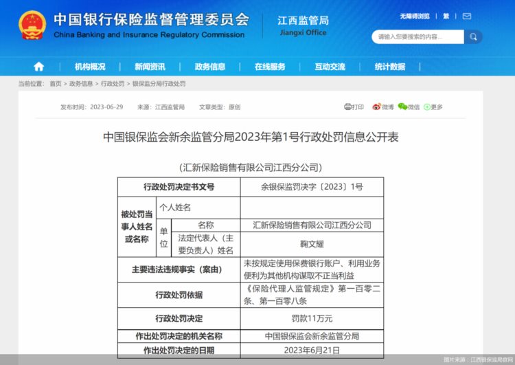 因为其他机构谋取不正当利益等，汇新保险销售江西分公司合计被罚13万元