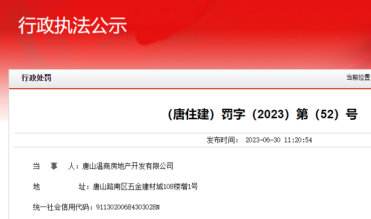 唐山国际五金建材城一标段、二标段项目未组织竣工验收擅自交付，开发商被罚252万