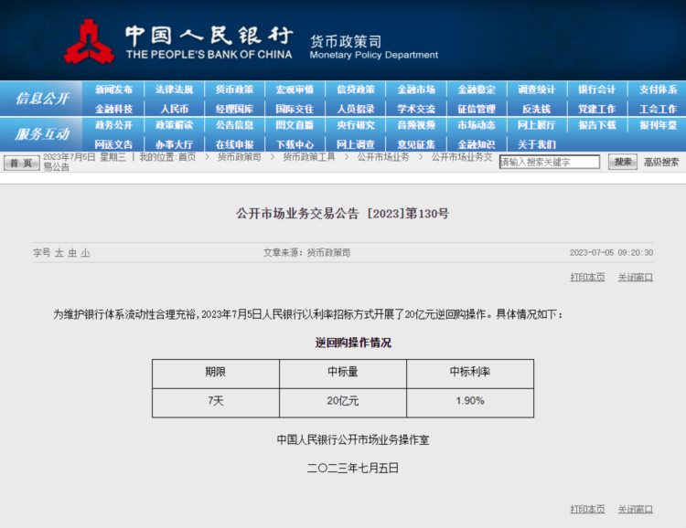 人民银行开展20亿元逆回购操作 中标利率1.9%