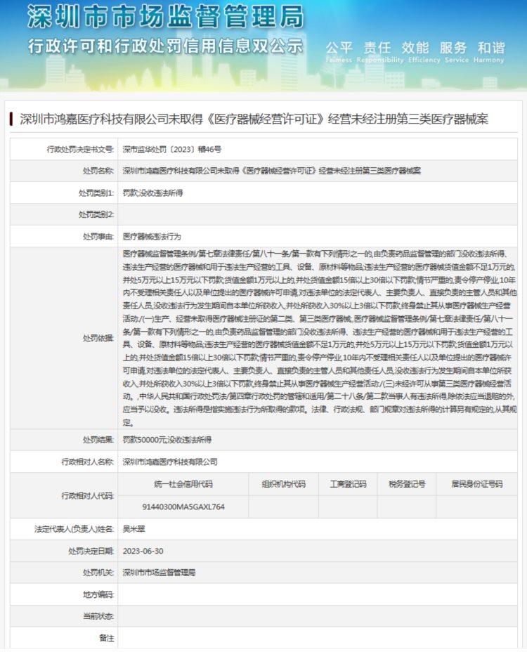 深圳市鸿嘉医疗科技有限公司未取得《医疗器械经营许可证》经营未经注册第三类医疗器械案