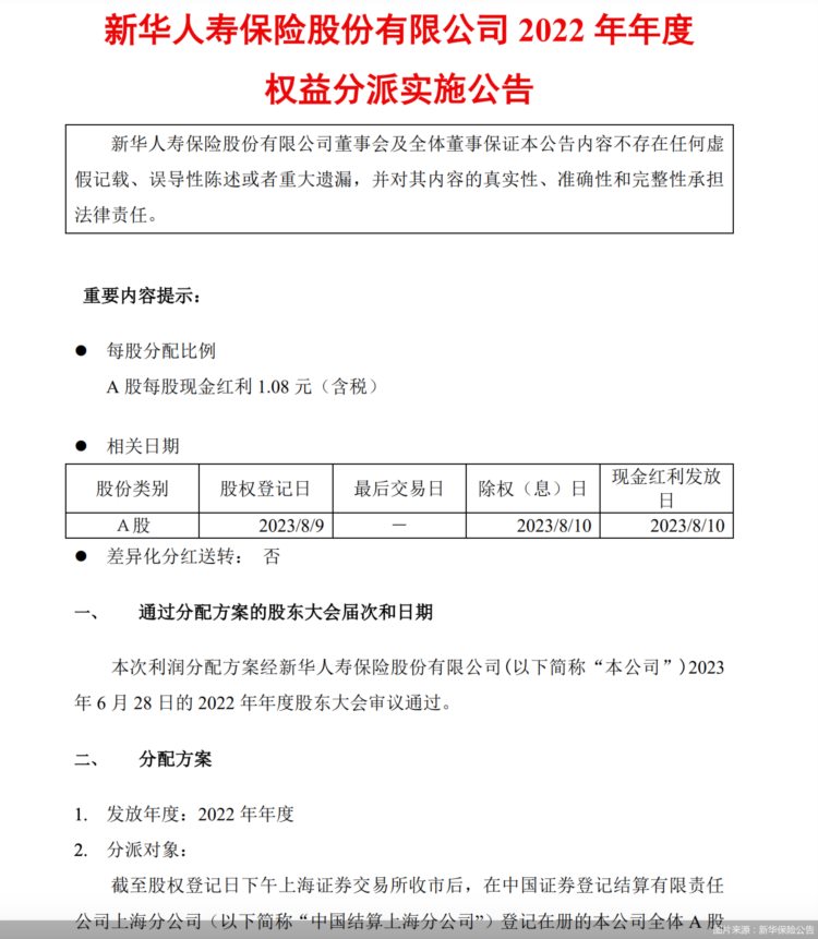 新华保险：公司A股将于8月10日每股派发现金红利1.08元