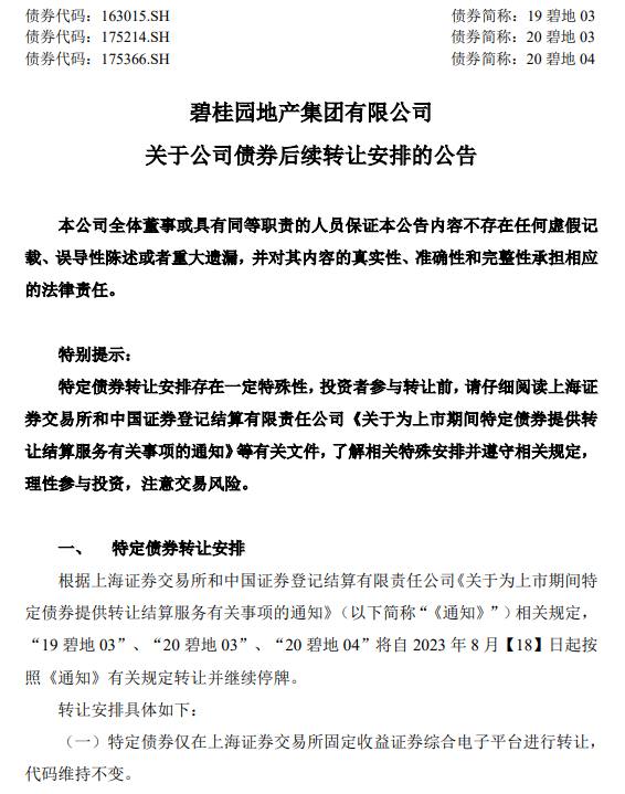 碧桂园：债券兑付存在重大不确定性，“19碧地03”等继续停牌