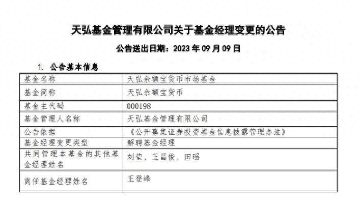 余额宝重要变更：首任基金经理王登峰离任