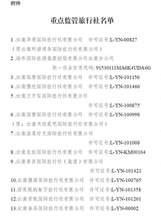 从严查处！云南13家旅行社被列入重点监管名单