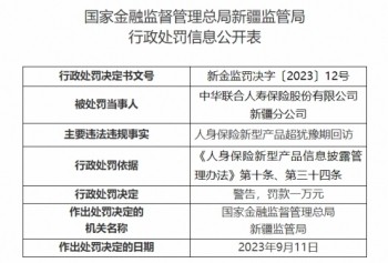 中华人寿新疆分公司被罚人身险新型产品超犹豫期回访